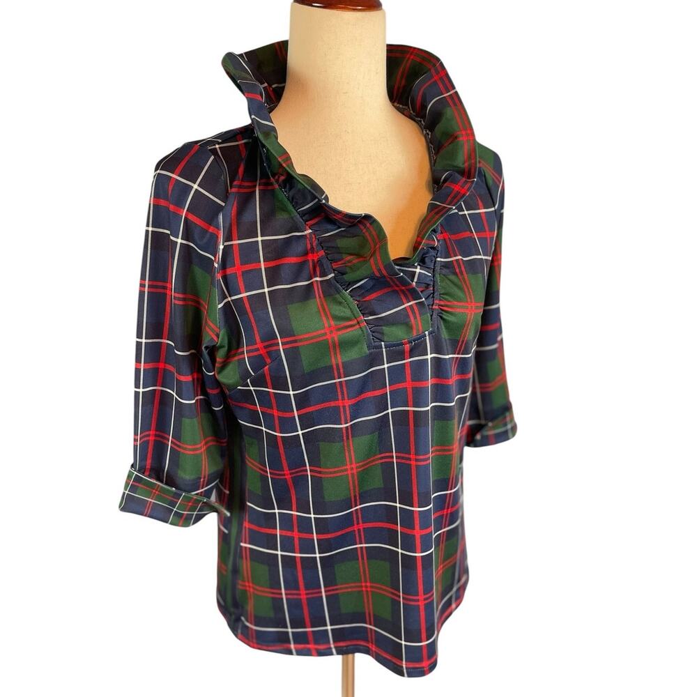 Gretchen Scott Ruffle Neck 3/4 Sleeves Top Balmoral Plaid Multi Small - Picture 3 of 8